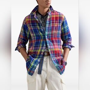 Vintage Ralph Lauren Blue Label classic fit madras plaid pure linen shirt Large